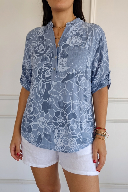 Blusa mujer floral con bolsillo de lentejuelas y botones