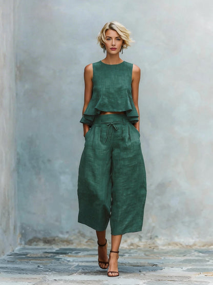 Conjunto de dos piezas para mujer con top de volantes y pantalón ancho