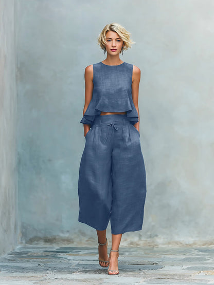 Conjunto de dos piezas para mujer con top de volantes y pantalón ancho