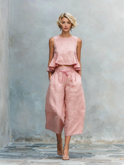 Conjunto de dos piezas para mujer con top de volantes y pantalón ancho