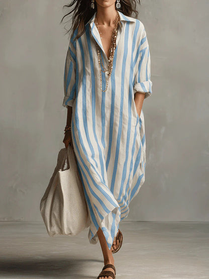 Vestido camisero maxi informal de rayas con bolsillos