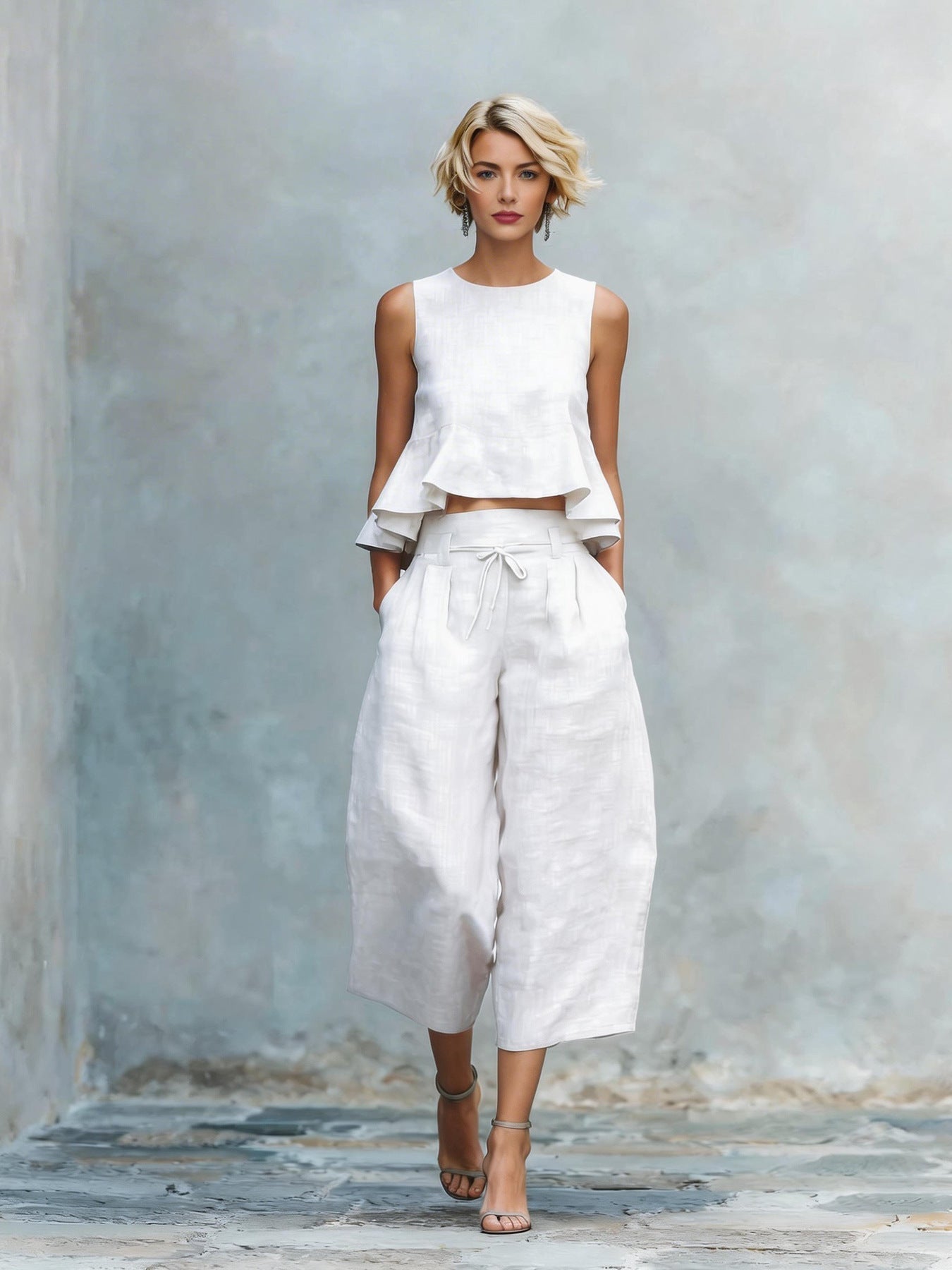 Conjunto de dos piezas para mujer con top de volantes y pantalón ancho