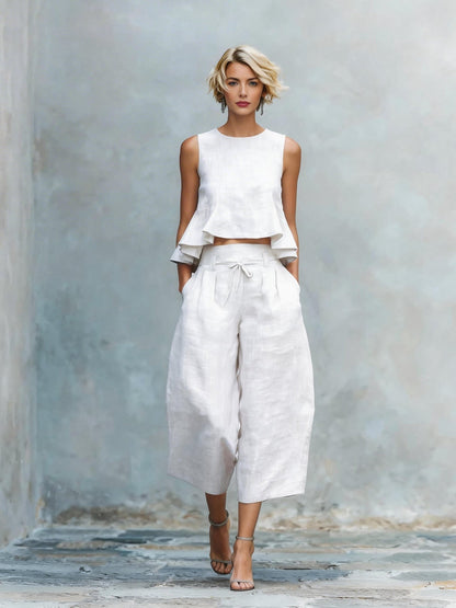 Conjunto de dos piezas para mujer con top de volantes y pantalón ancho