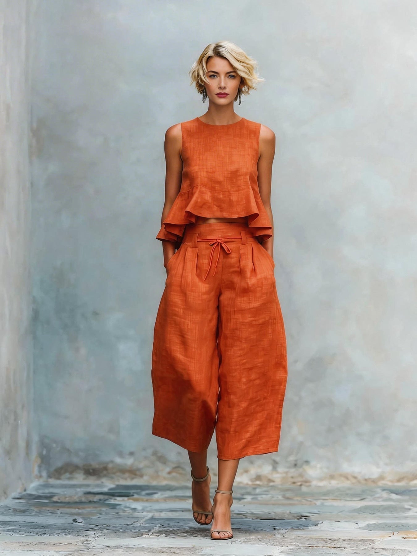 Conjunto de dos piezas para mujer con top de volantes y pantalón ancho