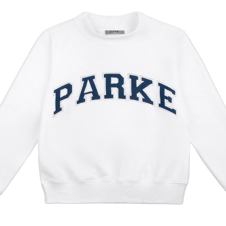 Sudadera Varsity de cuello perkins blanca con letras azul marino