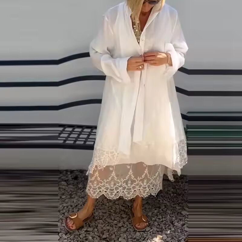 Conjunto mujer vestido fluido con cárdigan y encaje