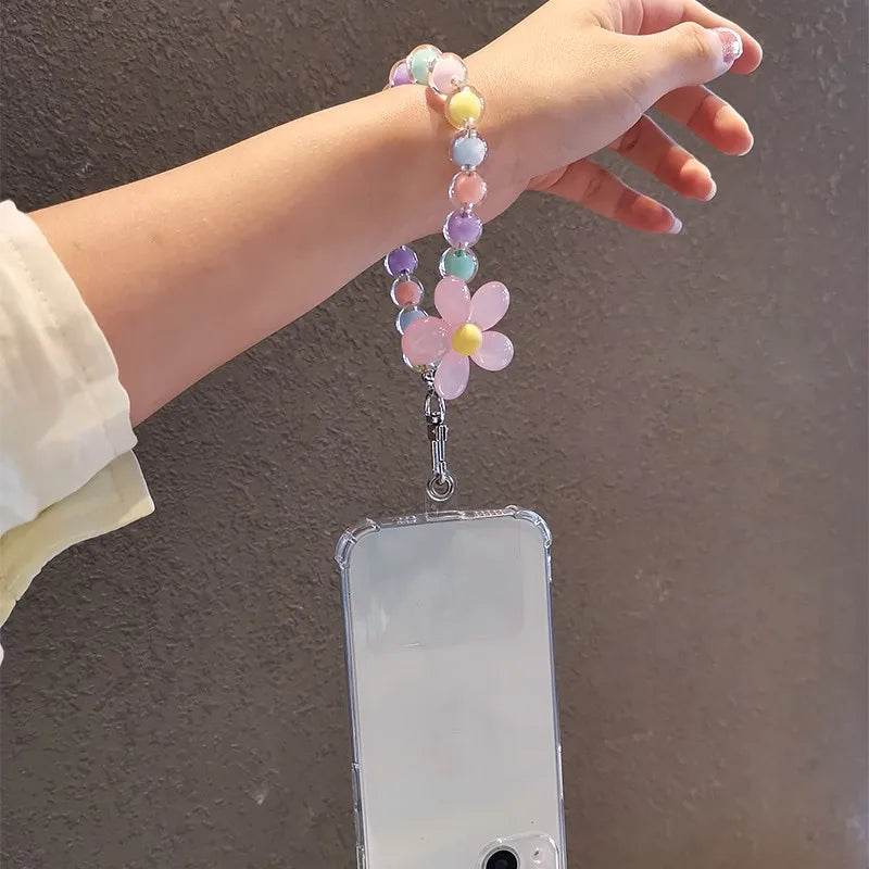 Correa muñequera para móvil hecha a mano con cuentas de colores y flor decorativa, regalo perfecto para mujer