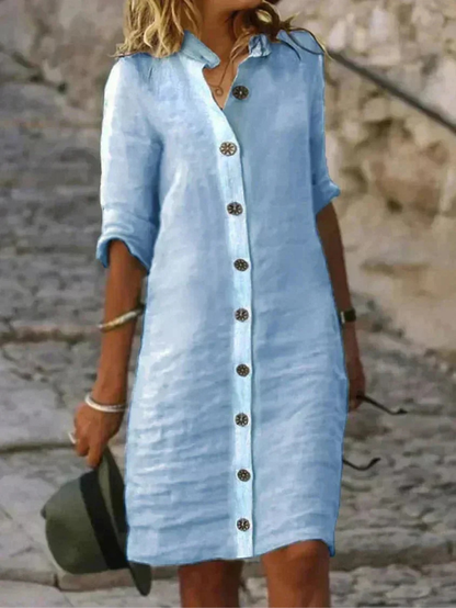Vestido camisero de lino con botones – Cómodo largo midi