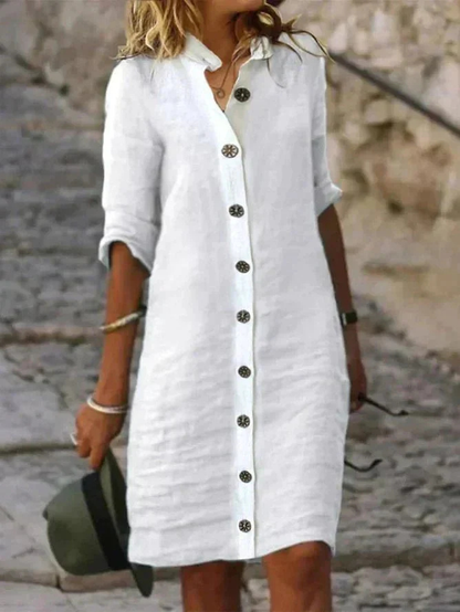 Vestido camisero de lino con botones – Cómodo largo midi