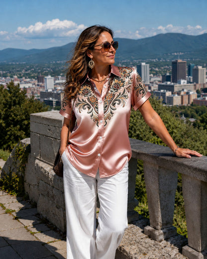 Blusa de satén para mujer con estampado floral y cuello clásico