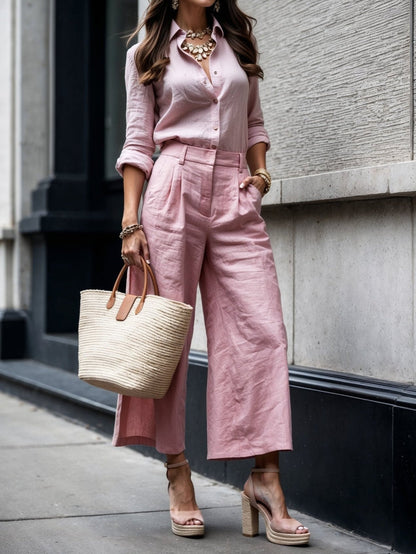 Conjunto de lino para mujer con blusa amplia y pantalón de pierna ancha