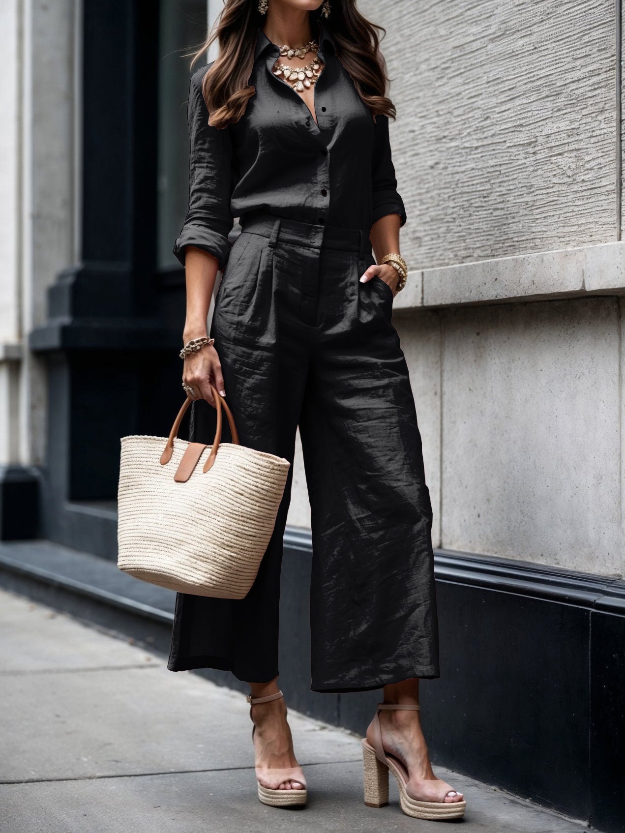 Conjunto de lino para mujer con blusa amplia y pantalón de pierna ancha
