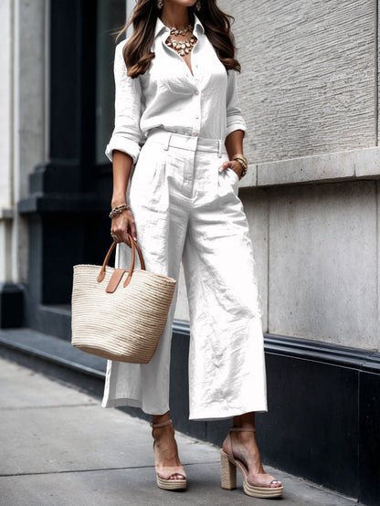 Conjunto de lino para mujer con blusa amplia y pantalón de pierna ancha