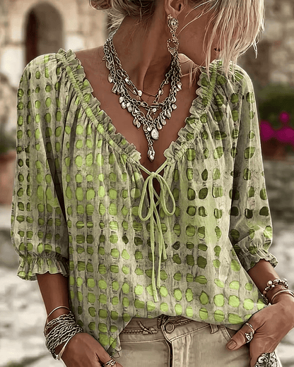 Blusa mujer de lunares con escote en V y cordón ajustable