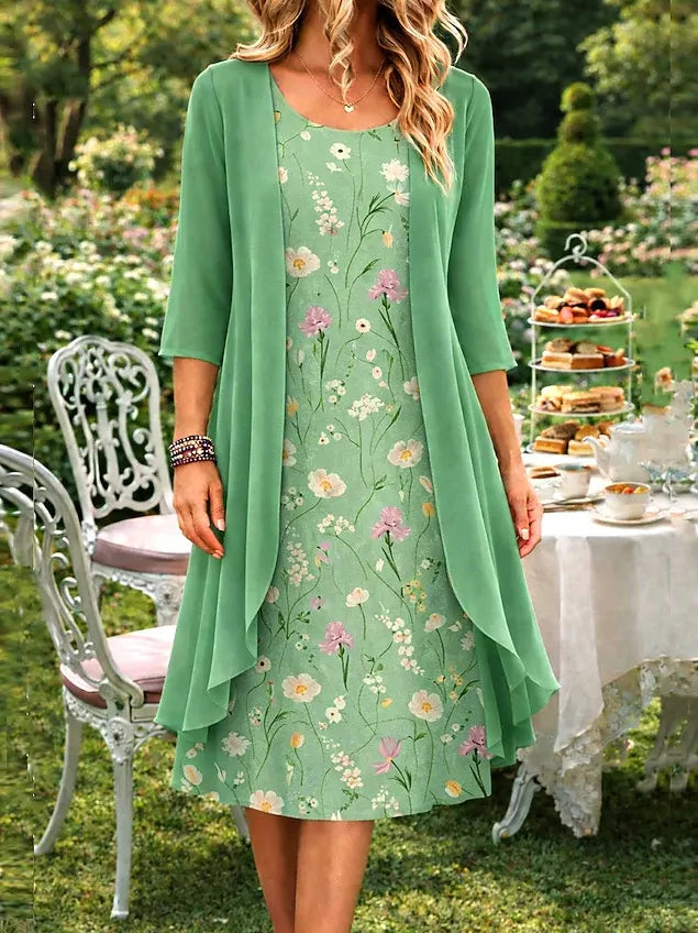 Conjunto de vestido floral para mujer con cárdigan ligero