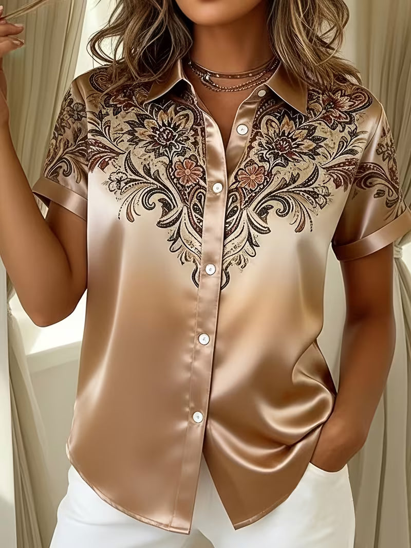 Blusa de satén para mujer con estampado floral y cuello clásico