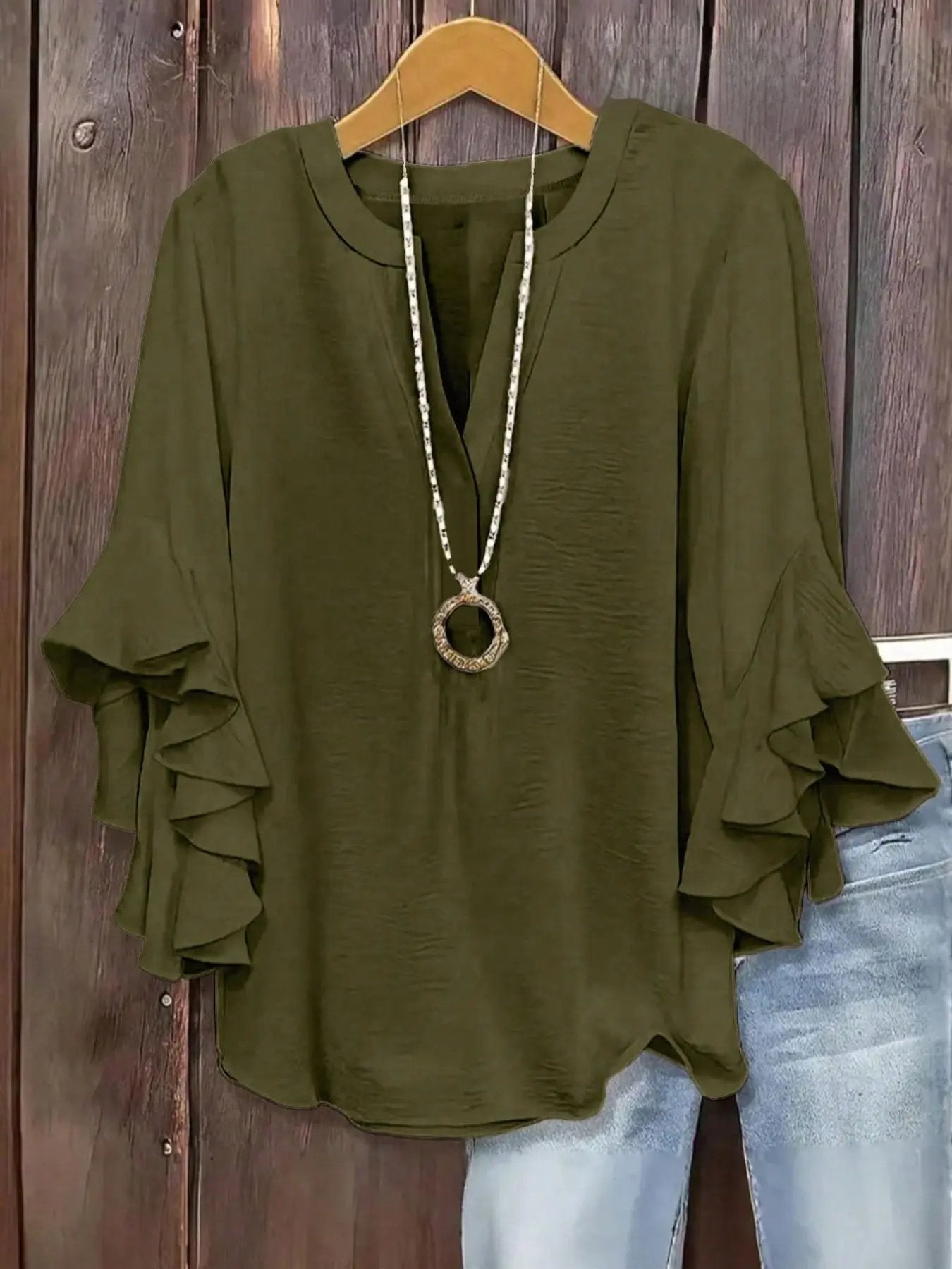 Blusa para mujer con escote en V y mangas acampanadas