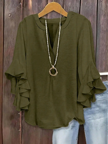 Blusa para mujer con escote en V y mangas acampanadas