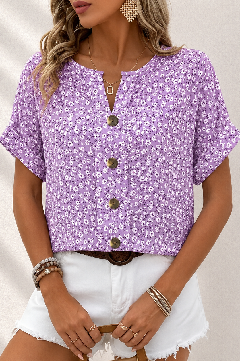 Blusa floral de mujer con botones y manga corta