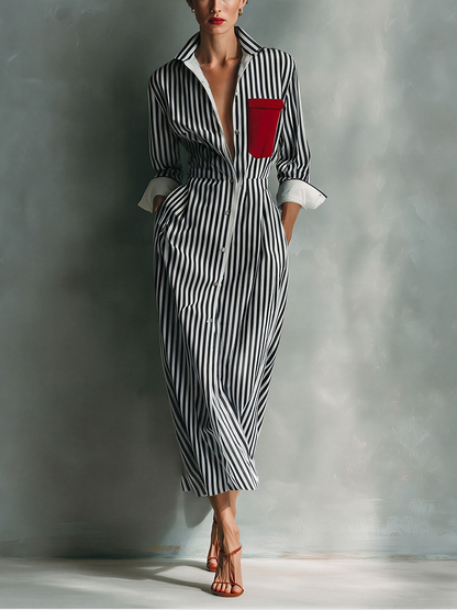 Brisa | Vestido camisero de rayas con bolsillo en el pecho