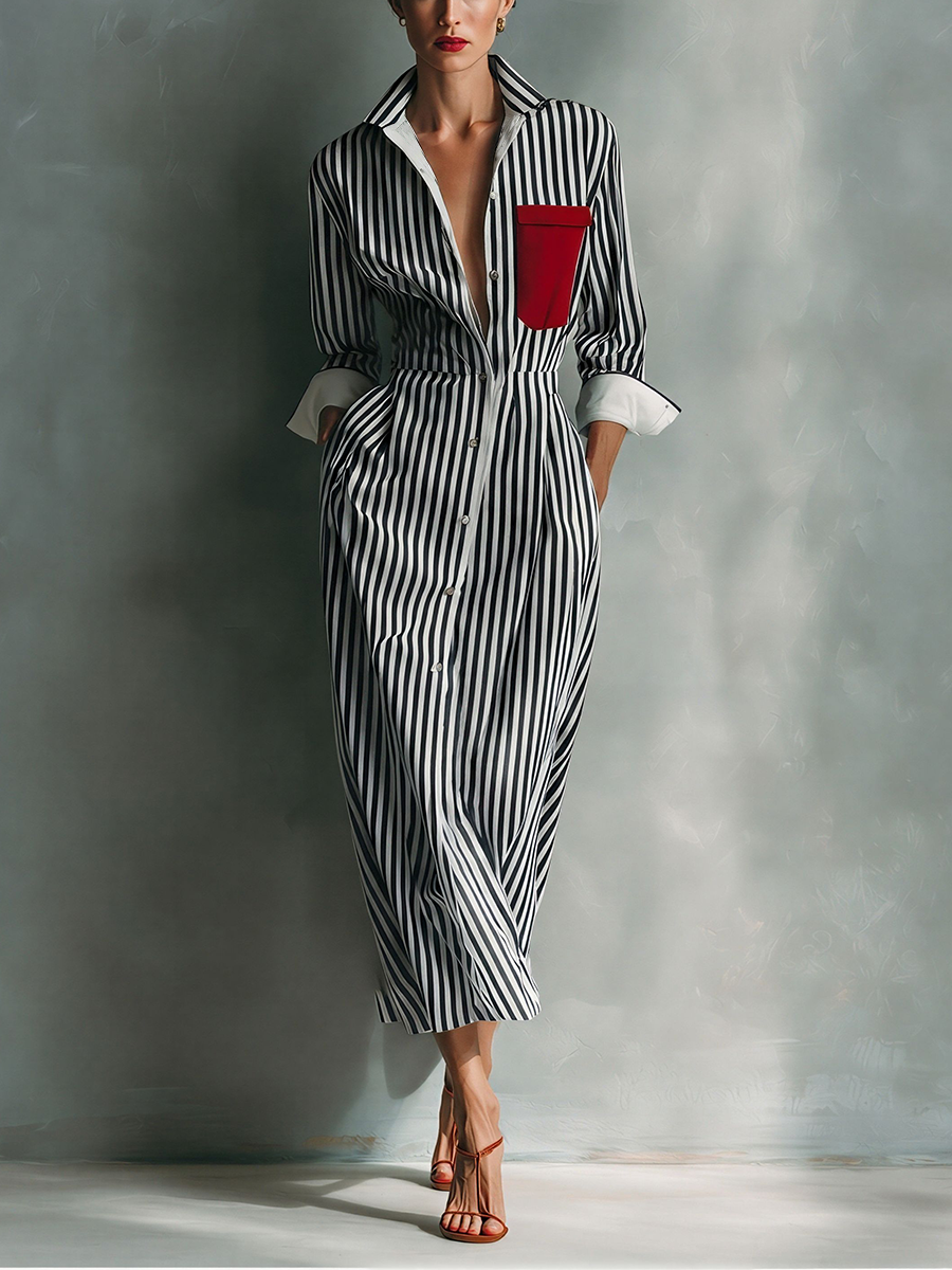 Brisa | Vestido camisero de rayas con bolsillo en el pecho