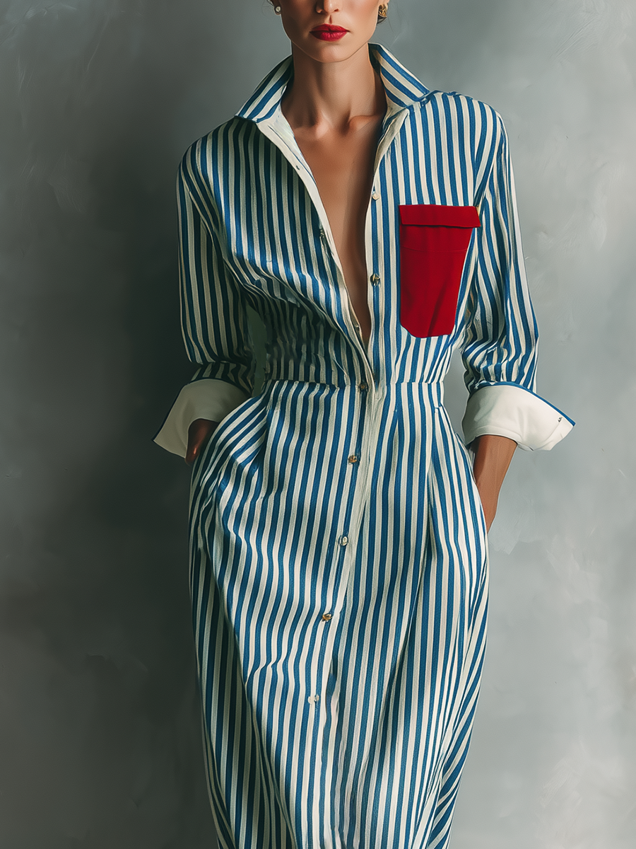 Brisa | Vestido camisero de rayas con bolsillo en el pecho