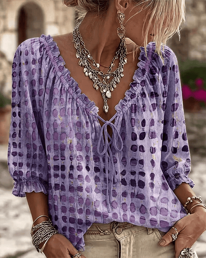 Blusa mujer de lunares con escote en V y cordón ajustable