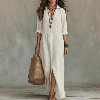 Vestido camisero informal de mezcla de lino con tapeta de botones y aberturas laterales