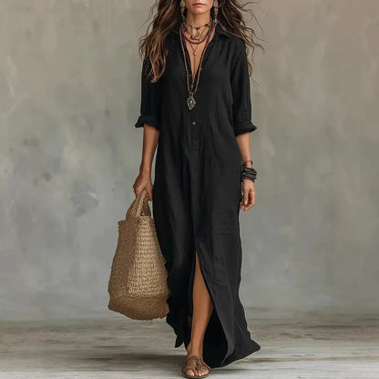 Vestido camisero informal de mezcla de lino con tapeta de botones y aberturas laterales