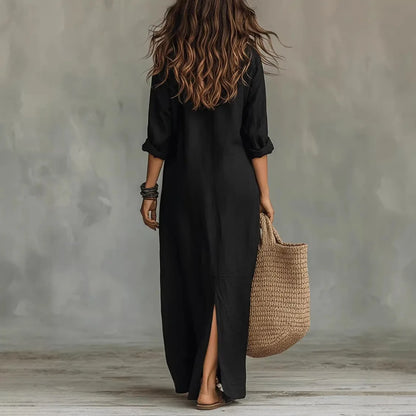 Vestido camisero informal de mezcla de lino con tapeta de botones y aberturas laterales