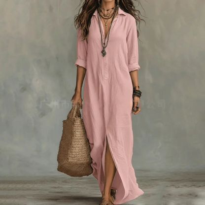 Vestido camisero informal de mezcla de lino con tapeta de botones y aberturas laterales