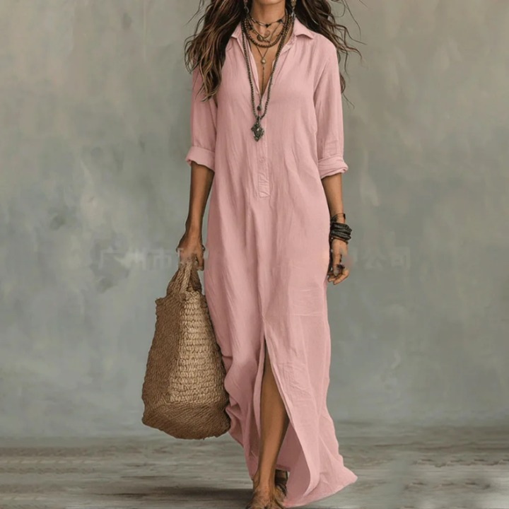 Vestido camisero informal de mezcla de lino con tapeta de botones y aberturas laterales