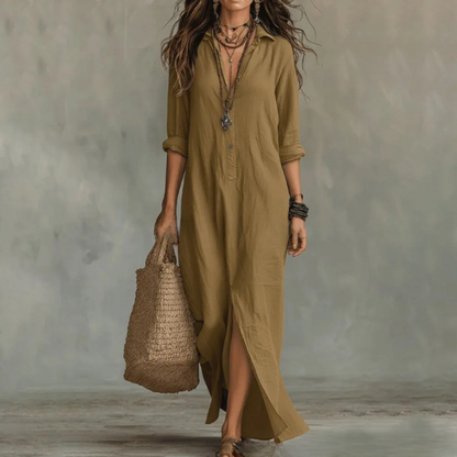 Vestido camisero informal de mezcla de lino con tapeta de botones y aberturas laterales