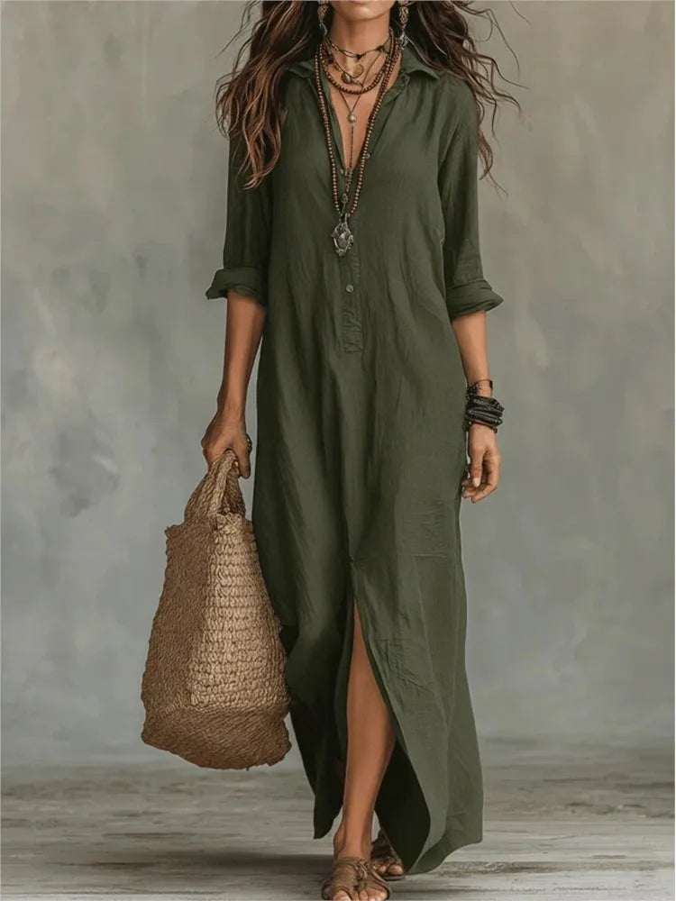 Vestido camisero informal de mezcla de lino con tapeta de botones y aberturas laterales
