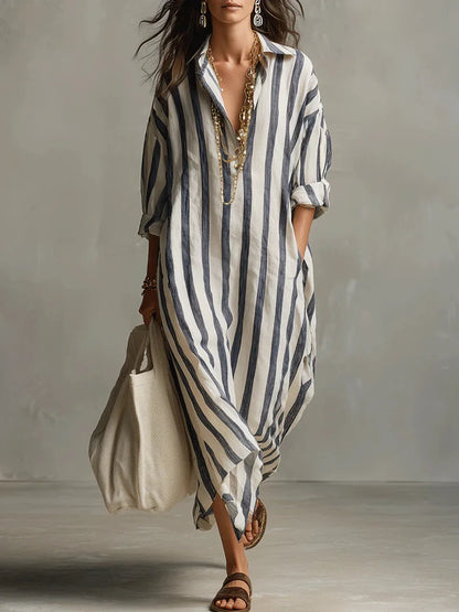 Vestido camisero maxi informal de rayas con bolsillos