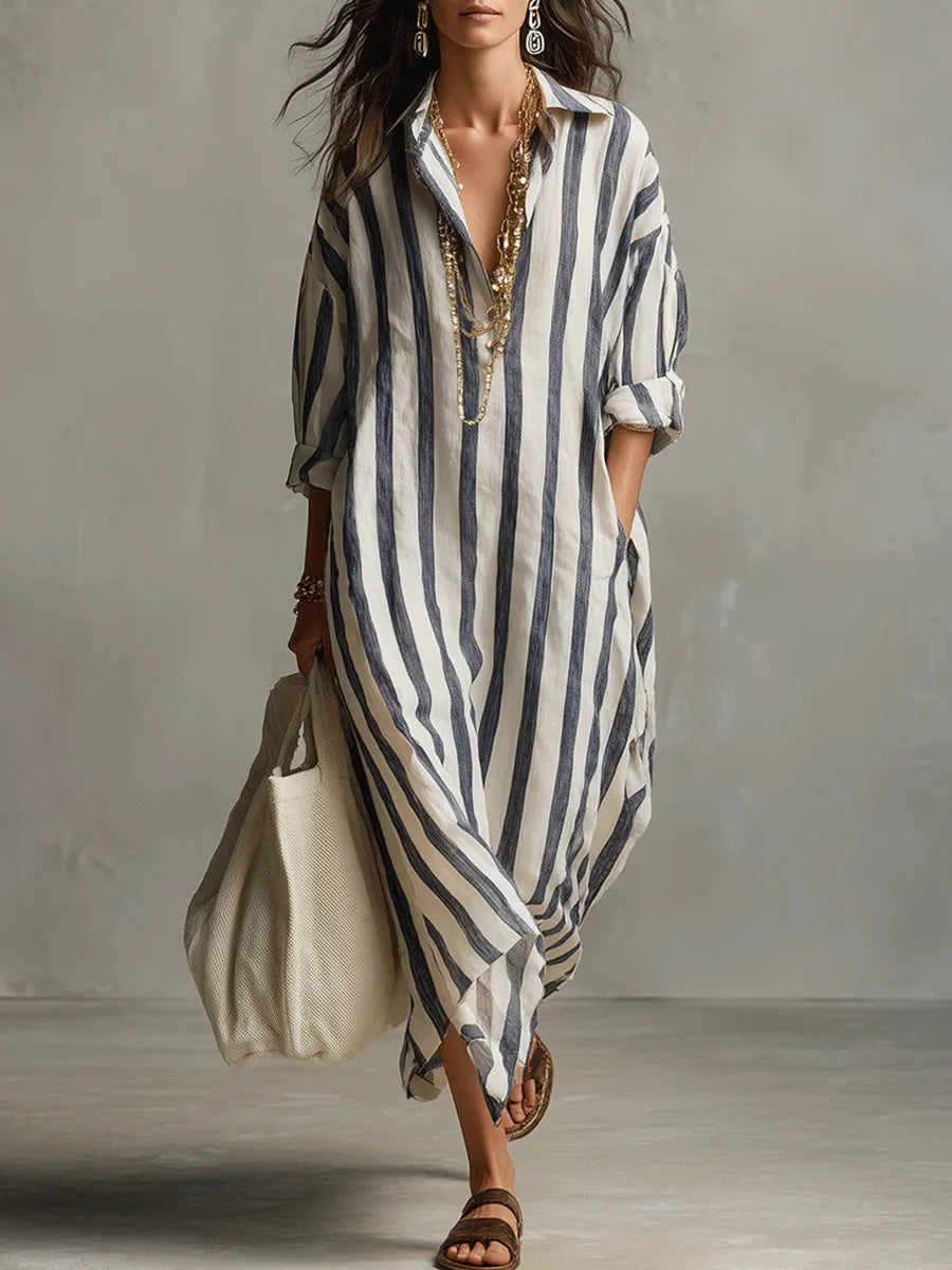 Vestido camisero maxi informal de rayas con bolsillos
