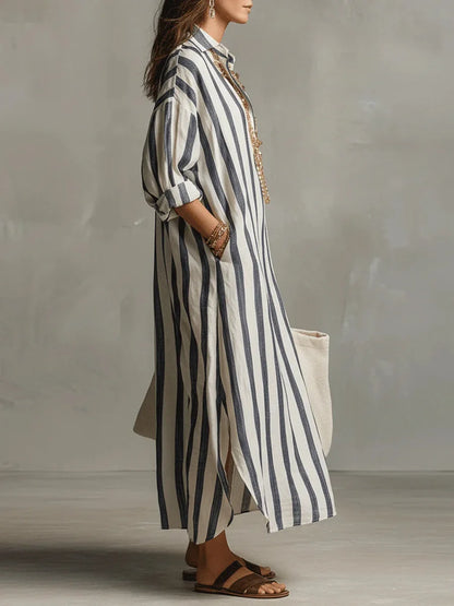 Vestido camisero maxi informal de rayas con bolsillos