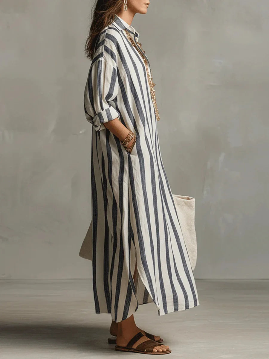 Vestido camisero maxi informal de rayas con bolsillos