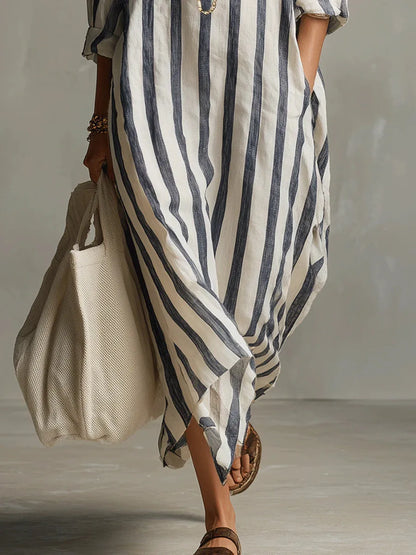 Vestido camisero maxi informal de rayas con bolsillos