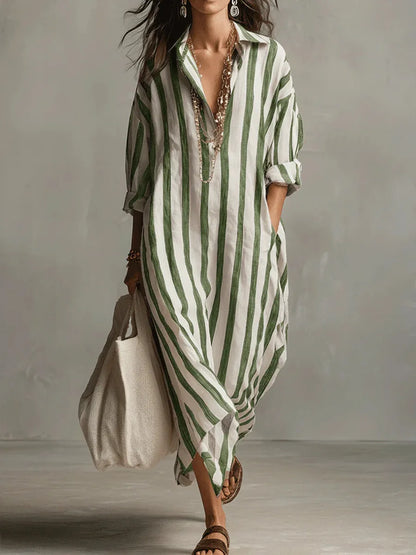 Vestido camisero maxi informal de rayas con bolsillos