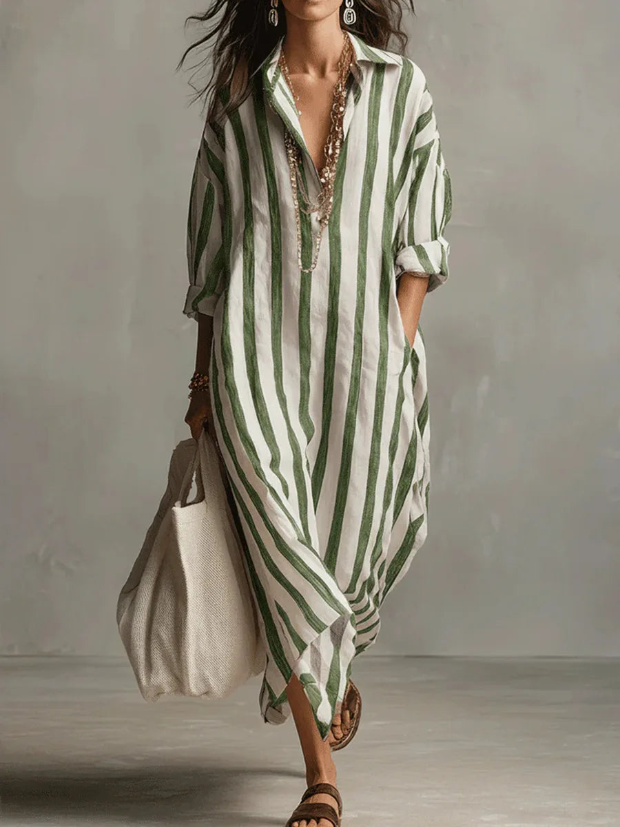 Vestido camisero maxi informal de rayas con bolsillos