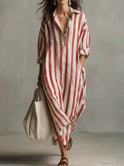 Vestido camisero maxi informal de rayas con bolsillos