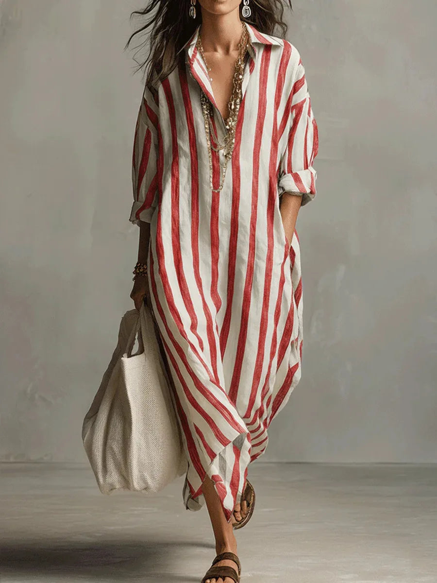 Vestido camisero maxi informal de rayas con bolsillos