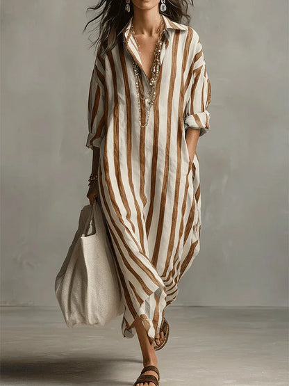 Vestido camisero maxi informal de rayas con bolsillos