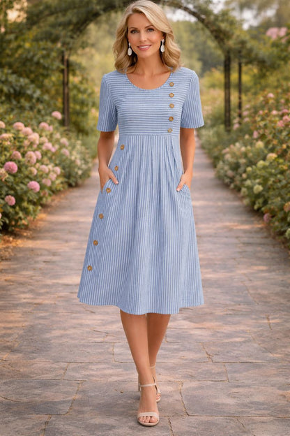 Vestido midi casual de rayas con botones delanteros y bolsillos