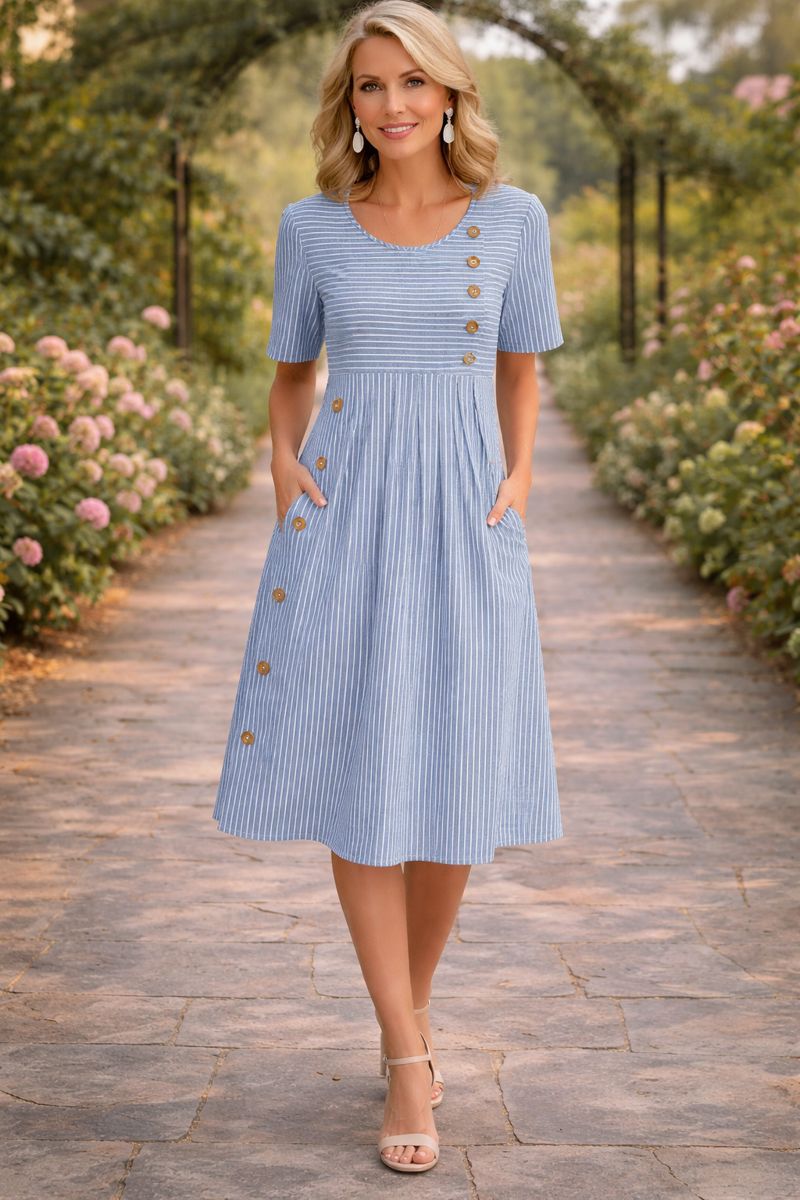 Vestido midi casual de rayas con botones delanteros y bolsillos