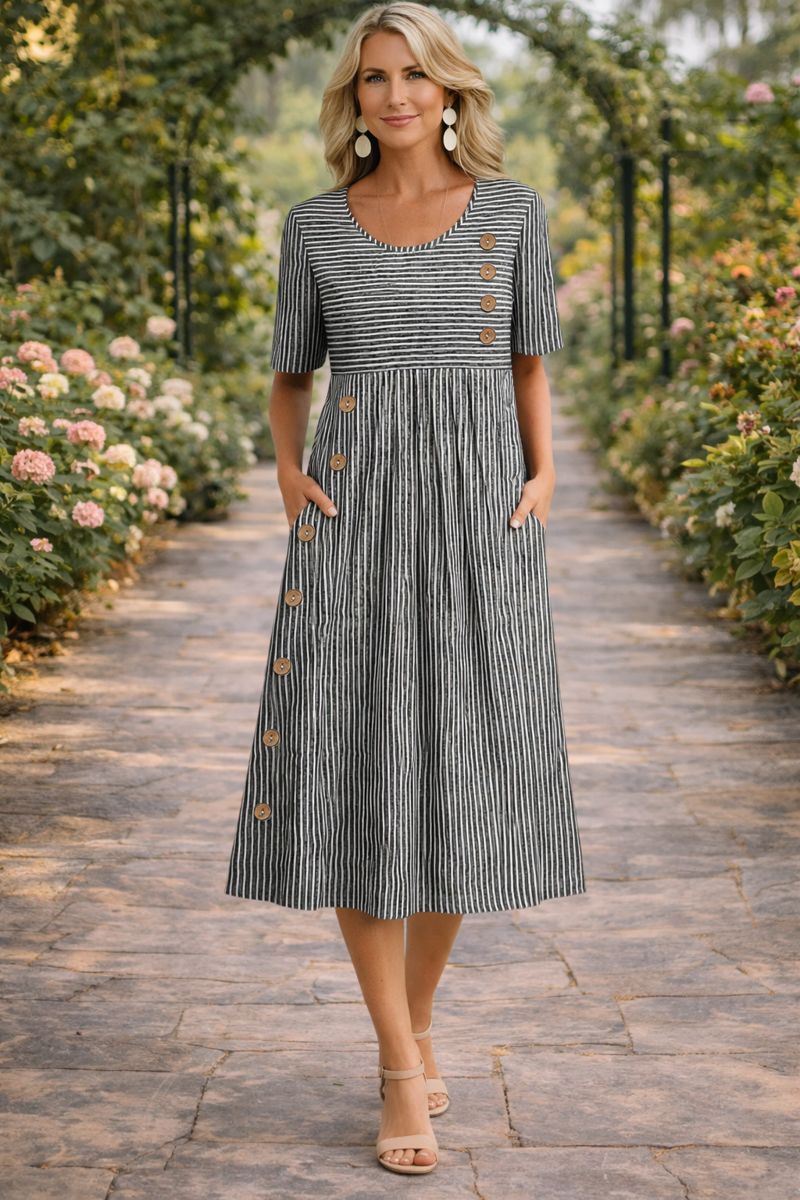 Vestido midi casual de rayas con botones delanteros y bolsillos