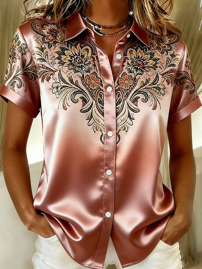 Blusa de satén para mujer con estampado floral y cuello clásico