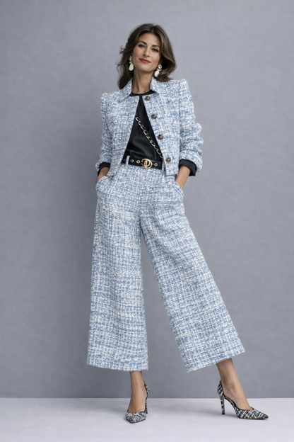 Conjunto de mujer en tweed con chaqueta corta y pantalón ancho