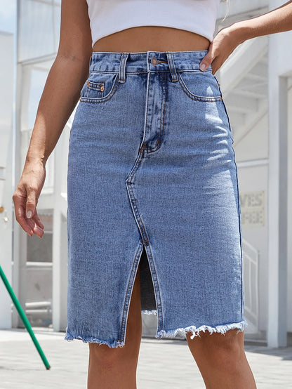 Falda midi vaquera mujer talle alto con abertura frontal